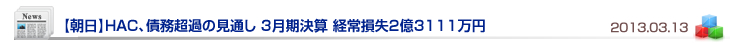 【朝日】HAC、債務超過の見通し 3月期決算 経常損失2億3111万円